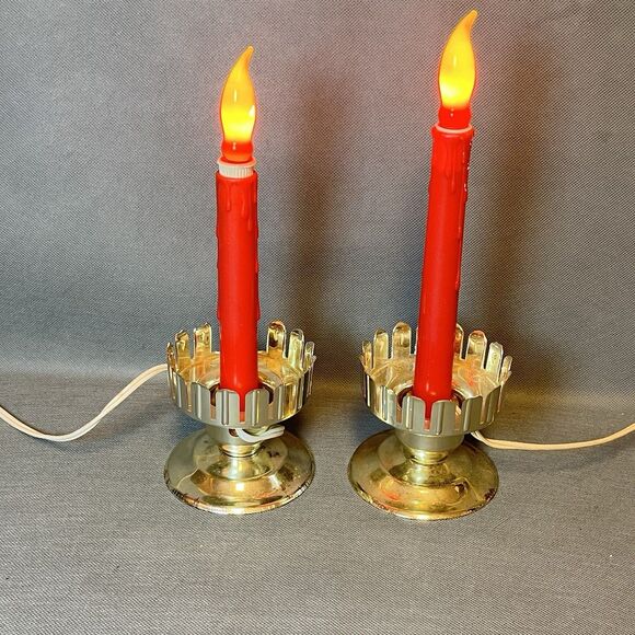 Vntg 2 Electric Christmas Candle Hurricane Lamps Tapered-Works-Tested-No Glass - Picture 1 of 12